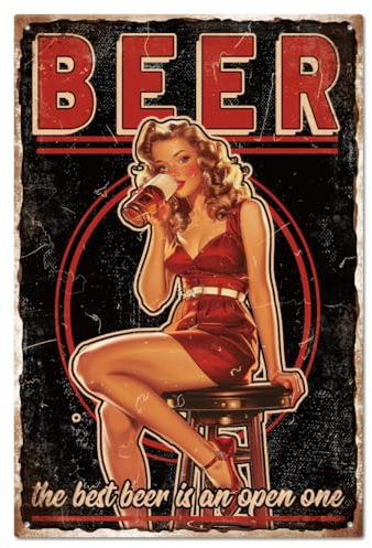 GLOBLELAND Vintage Pin Up Lady Metal Tin Sign 8×12inch Retro Beer Funny Tin Room Door Sign Cave Signs Art Plaque Poster Wall Decor for Home Bars Cafe Pubs Club Decoration