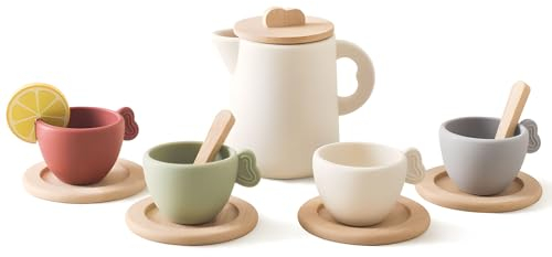 Teeservice Kinder Silikon 13 Stücke, Teeparty Set Kinder, Rollenspiele Spielzeug mit Teetassen Teekanne und Untertassen Sets, Kinderküche Zubehör Mädchen Geschenk 3-8 Jahren