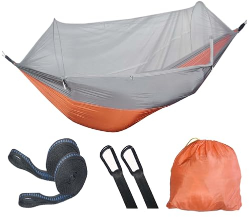 Xafrstyu Professionelle Camping-Hängematte Mit Moskitonetz, Pop-up-Hängematte, Leichte Tragbare Doppel-Hängematte, 210T Nylon-Hängematte für Camping, Wandern, Garten, Rucksackreisen (Orange)