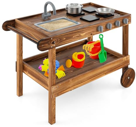DREAMADE Matschküche Outdoor mit Rollen & Waschbecken, Kinderküche aus Tannenholz, Gartenküche mit Zubehör für Kinder ab 3 Jahren