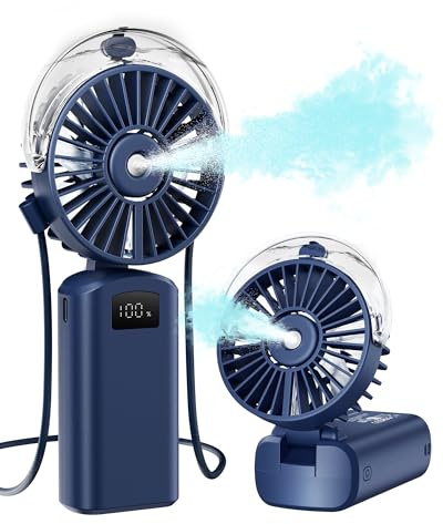 Gaiatop Portable Misting Fan, 180° Foldable Handheld, 3 Speeds USB Rechargeable, Spray Water Mist with LED Digital Display, Personal Cooling Mini Hand Fans for Travel, Concert, Outdoor, Navy Blue