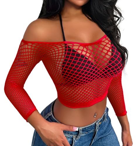 Buitifo Camisa de Malla de Lencería Sexy para Mujeres Cobertura de Playa Camiseta de Encaje Sexy Tank Top(Rojo wgt,M)