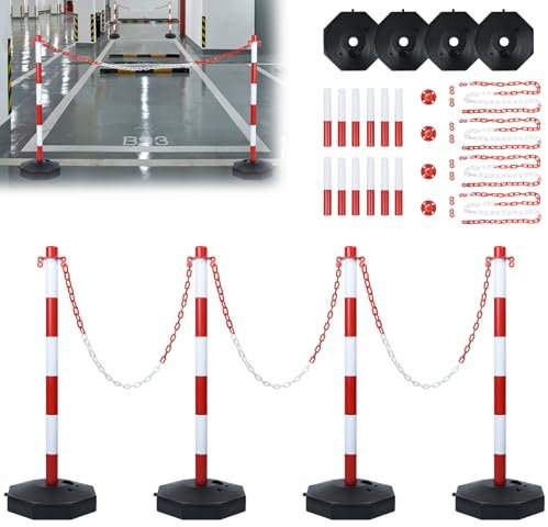 JOIEYOU Absperrpfosten 4x Kunststoff Parkplatzsperre Rot und Weiß mit 4 Absperrkette von 140cm Parkplatz Absperrung für Verkehrskontrolle Parkhäuser Garage