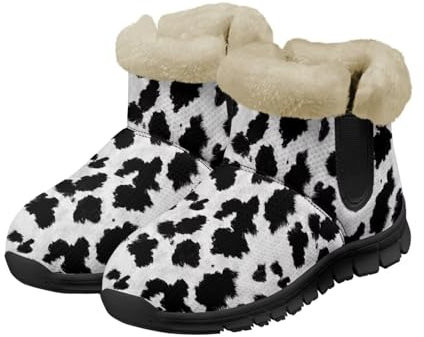 xixirimido Fuzzy-Stiefel für Damen, Winter, bequem, Plüsch, warmes Fellfutter, Schneestiefel, wasserdicht, bequem, zum Hineinschlüpfen, für Outdoor, Wandern, Wandern, Kuhfell-Print, 41 EU