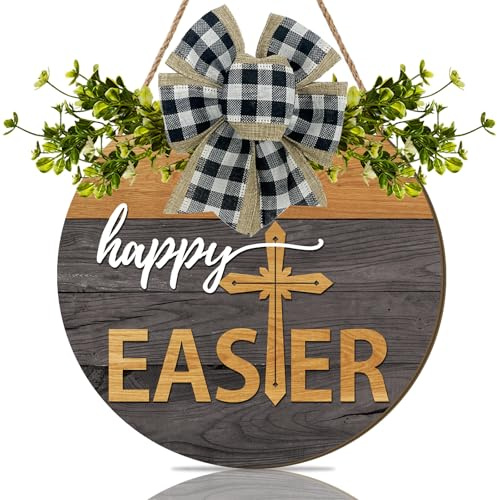 CHDITB Décoration murale 3D Happy Easter - Décoration de porte d'entrée - Couronne de porte de Pâques - Croix de Pâques - Plaque de porte - Décoration de printemps - Maison chrétienne - Décoration de