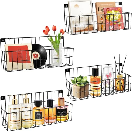 4 Set Extra Large Hanging Wall Wire Baskets, Hanging Wall Mount Storage Baskets, Metal Hanging Wire Basket for Organizing and Storage, Sturdy Wall Organizer for Home Kitchen Bathroom Storage, Black