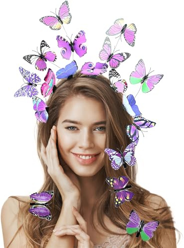 Schmetterling Haarreif + 8PCS Schmetterling Haarspange, Schmetterlings Fascinator Stirnbänder, Schmetterling Stirnband für Damen Mädchen Halloween Karneval Cosplay Kostüm, Lila