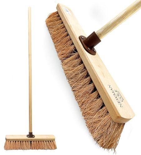 Garden Broom Outdoor Heavy Duty, 18 Inch Yard Brush with 100% Natural Soft Coco Bristles, Multipurpose Soft Broom Outdoor for Wet and Dry Cleaning, Easy to Use, No Need to Bend (PACK OF 1)