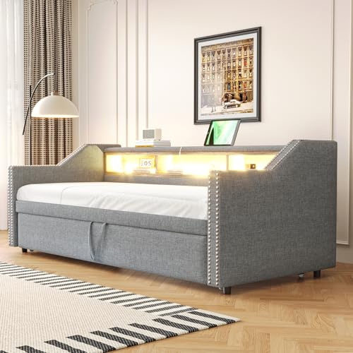 FAYICIC Polsterbett Ausziehbares Schlafsofa 90/180 x 190 cm, Multifunktionales Staufach, LED-Licht und USB-Buchse, mit Lattenrost (Hellgrau)