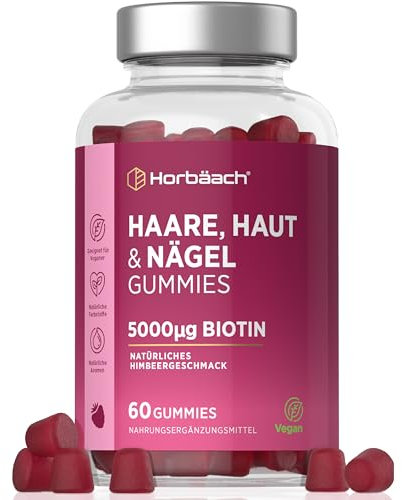 Haut Haare Nägel Gummies | 5000μg Biotin Gummibärchen mit Vitamin C, E, Jod, Vitamin A, B9, B6, B12, B5 für Haut, Haare, Nägel & Bart | 60 Haarvitamine Vegane Gummis | Vitamin B7 | Horbaach