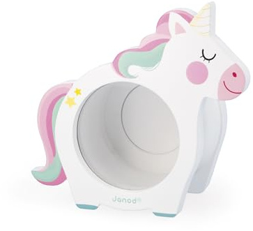 Janod - Hucha Unicornio Infantil - Apertura Lateral Transparente y Trasera Magnética - Ideal para Regalar o Decorar la Habitación - Madera FSC - A partir de 3 Años - J04655