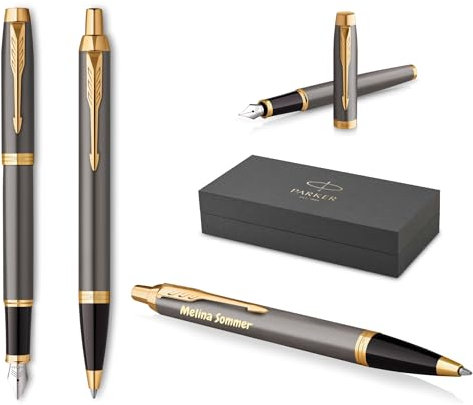 PARKER IM Core Füllfederhalter und Kugelschreiber mit Gravur | Premium Stift | Geschenkbox | schwarze Mine | personalisiertes Geschenk | Namen | graviert | Jahrestag | Geburtstag (Grey G.T.)