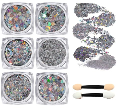 MisFun 6 Pièces Paillettes pour le Visage pour le Corps, Gel Pailleté pour Les Cheveux, Paillette Cheveux Gel Paillettes Pour Le Corps, Paillette Visage Pour Festival Fête Noël Pâquesl Pâques (Argent）