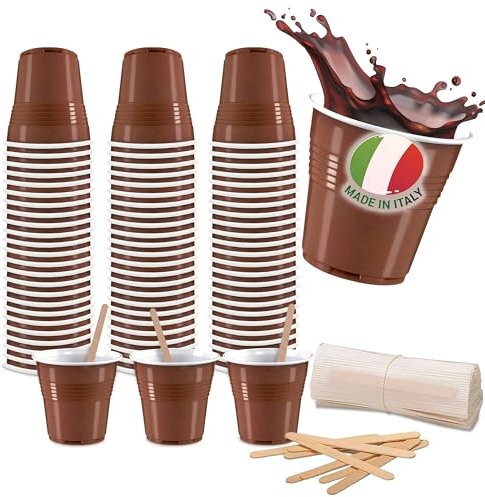 COFFISANO Lot de 150 verres à café + 150 palettes, set de palettes 90 mm jetables en bois bouleau et verres 80 ml, pour expresso restaurants, bureau, à emporter, bar (150+150)
