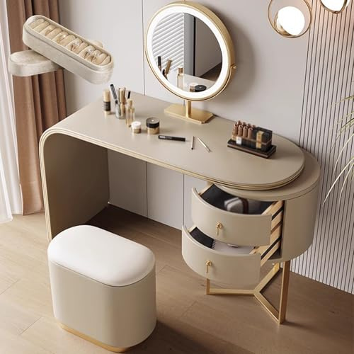 LVYWEX Dressing Table, Makeup Table With Mirror,Lights, Stool & Ring Box, No Assembly Required(Gold edge,CHAMPAGNE_120CM)