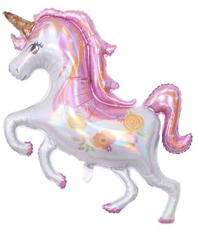 Fesnova Holografischer Einhorn Luftballon,Rosa und Silber Folienballon Einhorn,Einhorn Folienballon,Party-Dekoration mit Blumenmuster für Einhorn Deko Kindergeburtstag