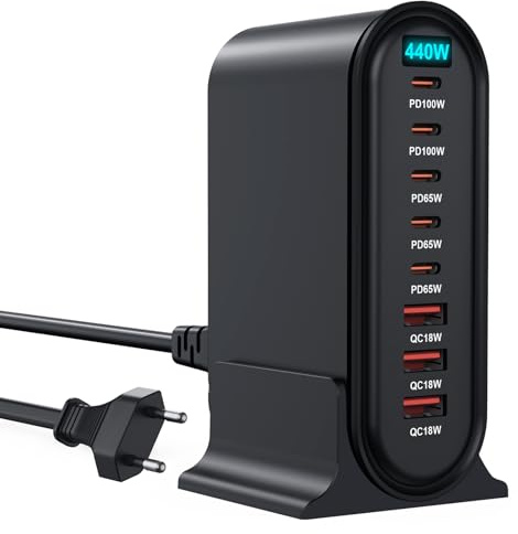 GEEKERA USB C Ladegerät Mehrfach, 440W 8 Anschlüsse GAN III Ladestation, 5 USB-C &3 USB-A Multiport Charging Station, Multi Schnellladegerät Kompatibel mit iPhone/iPad/MacBook/Samsung und mehr-Schwarz