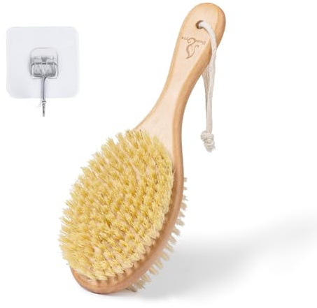 Short-Handle Dual-Sided Bath Massage Brush, Soft Boar & Firm Sisal Bristles, Portable (Natural Beech Wood)