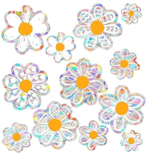 12pcs Spring Summer Daisy Window Stickers, Double-Side Glass Decals Shiny Rainbow Prism Anti Collision Window Clings for Mirror Glass Display Shop Office School Supplies Reusable