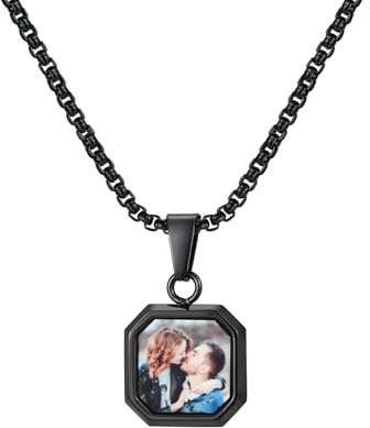 TempBeau Personalisierte Kette Herren Geometrisch Panzerkette - Fotogravur Halskette mit Bild aus Edelstahl, Kette Männer Halsketten für Herren Schmuck Geschenk (Schwarz)