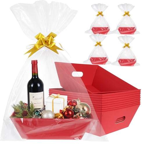 10 Stück Leer Geschenkkorb Papp 30x 26 x 10.5 CM Rote Geschenkkörbe mit Geschenkfolie Transparent Snack-Organisationskorb Weinkorb für Geschenke, Feiertage, Geburtstage Weihnachten