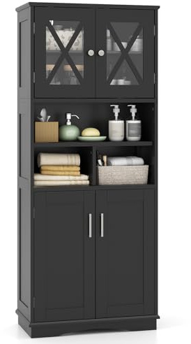 COSTWAY Badezimmerschrank, Badschrank Hochschrank mit 3 verstellbaren Regalen & 4 Türen, Aufbewahrungsschrank Holz für Badezimmer, Wohnzimmer & Küche, 60 x 30 x 145 cm (Schwarz)