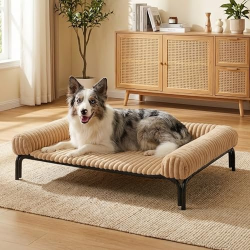 Elevated Dog Bed with Removable Fluffy Pillow Cushion, Raised Pet Cot Washable Bolster, Dog Couch Sofa, Anti Slip Feet, Breathable Mesh, Khaki, 43×32