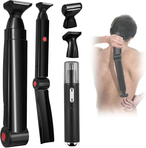 ETbyto Back Shavers for Men Long Handle，Multifunctional Self-Service Electric Back Hair Razor with Adjustable Handle，Men's Back Shaver wiht Nose Hair Trimmer Set and 2 Shock Absorber Flex Heads-Black