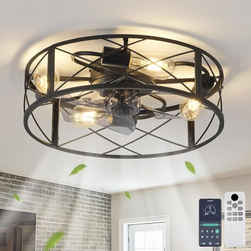 UNRRYI Ceiling Fans with Lights and Remote, 46CM Caged Industrial Ceiling Fans 6 Speed Reversible Quiet Tming Farmhouse Ceiling Fan Light for Bedroom Dining Room Kitchen