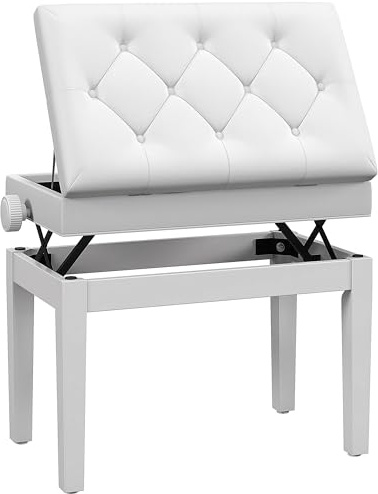 HOMCOM Klavierbank Höhenverstellbar Sitzbank mit Stauraum, Holzbeine, Klavierhocker aus Kunstleder, für Musikzimmer, belastbar bis 200 kg, 54,5 x 33 x 48-58 cm, Weiß