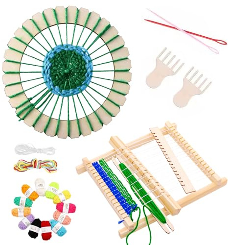 Rdunulioo 2 Stück Webrahmen Set, Webstuhl Handarbeits, Weaving Loom Kit mit Nadel, Kamm, Farbige Wolle, zum Weben & Gestalten, Holzwebrahmen für Anfänger, Profis, Erwachsene (Natur)