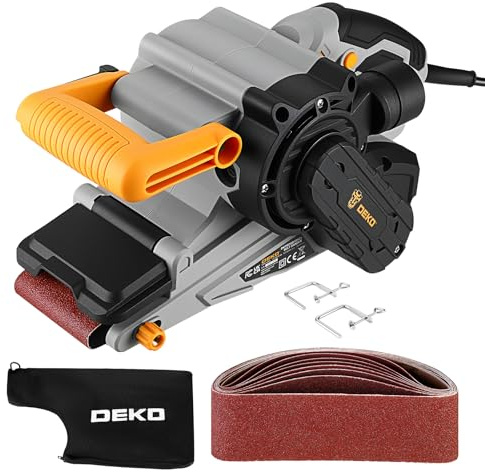 DEKOPRO Lijadora de Banda 1010W, Velocidad Regulable 120-400 m/min, Protector Ajustable y Empuñadura Delantera, Incluye 10 Bandas de Lija, Colector de Polvo y 2 Pinzas en C