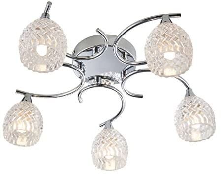 National Lighting Reagan Decorative Silver Chrome Curved Arm Semi Flush Ceiling Light with 5 Patterned Cut Glass Shades
