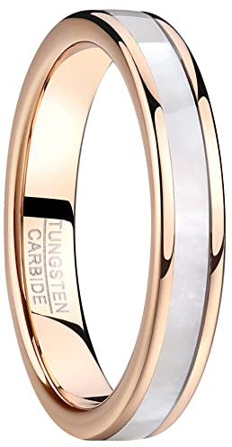 Vakki Ringe aus Roségold 4mm Wolfram Ring für Damen Weißer Perlmutt Ehering Frauenring für Hochzeit, Versprechen, Täglich, Größe 56(17.8)