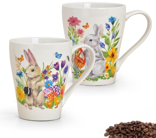 Tassen 2er Set Osterdeko Osterhase mit Blumen - Bunte Porzellan Kaffeetassen in 350ml für Tee Kaffee Cappuccino - Moderne Kaffeebecher spülmaschinenfest und mikrowellengeeignet als Geschenk