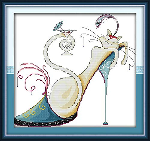 OWN4B Kreuzstich-Set, gestanzt, modische High Heels und eine Katze, 11 Ct, 50 x 46 cm, DIY-Stickset (Heels 2)
