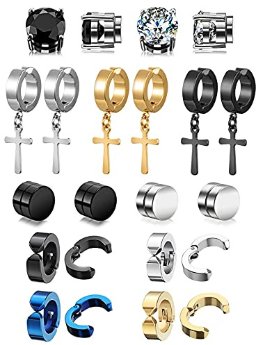 11 Pairs Non-pierced Earrings Set for Men Women Cross Titanium Steel Hoop Dangle Clip On Earring