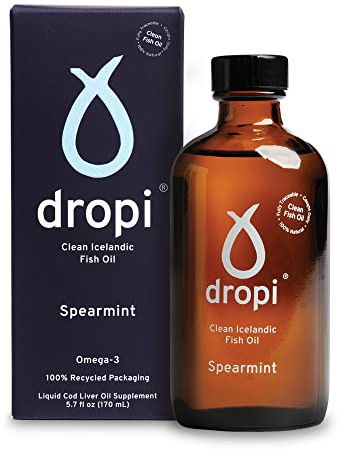Dropi Omega 3 Fish Oil Liquid, Spearmint - Maximum Strength Omega-3s EPA, DHA, Vitamin A & D - Extra Virgin Cod Liver Oil Food Supplement for Immune System, Brain Health & Joint Support - 170ml