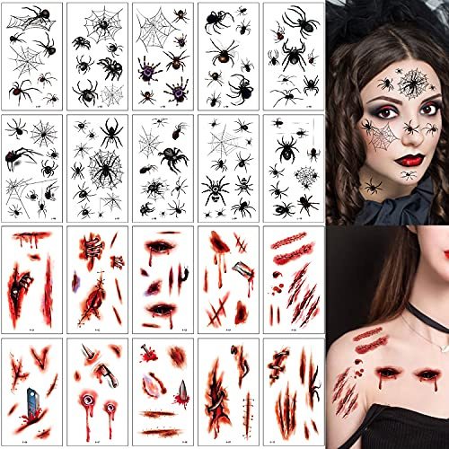 Halloween Tattoos,Jusduit 20 Blatt Halloween Tattoo Spinne Wunde Narben Tattoos Halloween Kratzer Sticker zum Aufkleben für das Gesicht Hände und Füße Makeup Temporäre Tattoos Halloween