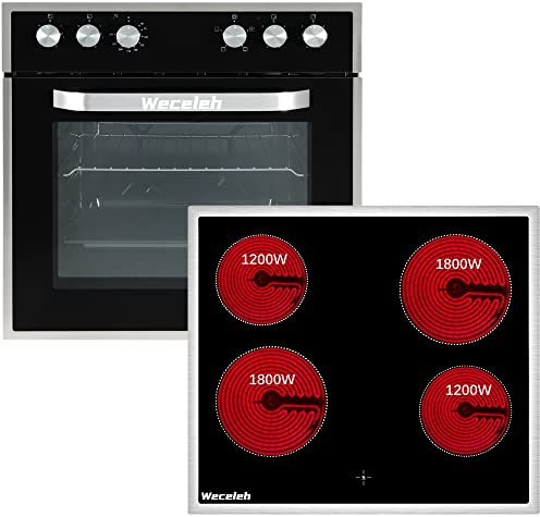 Weceleh Juego de cocina 60cm, Horno Eléctrico Multifunción con Placa Vitrocerámica, 63L, 4 Fuegos, 9 Niveles de Potencia, Acero Inoxidable, 5 Funciones, Empotrable
