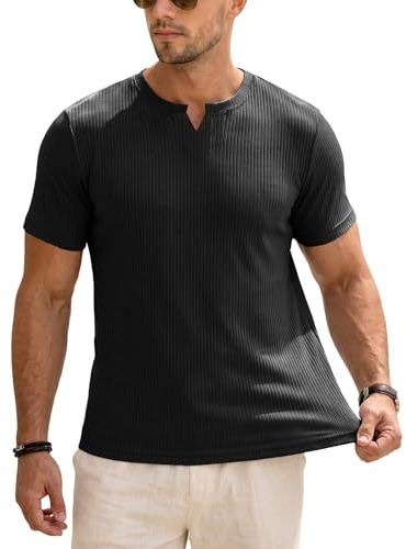 Muscle Cmdr herr slim fit långärmad tröja V-ringning, långärmad och kortärmad sport casual t-shirt muskel träning topp undertröjor, 0/svart kortärmad, L