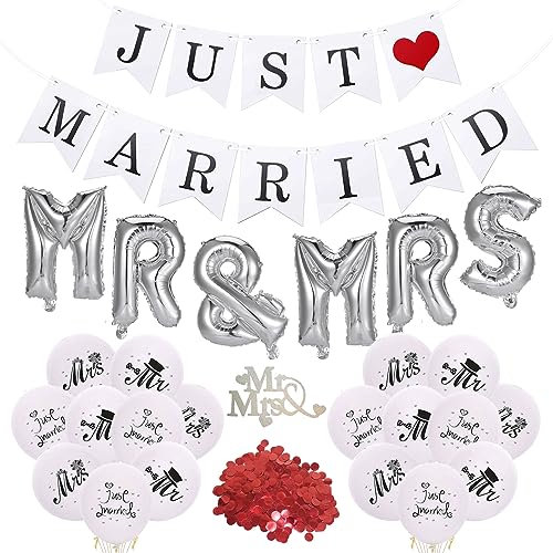 JUST Married Wedding Banner Balloons Mr & Mrs, Just Married Party Decoration, Romantic Balloon Decoration for Bridal Shower Anniversary