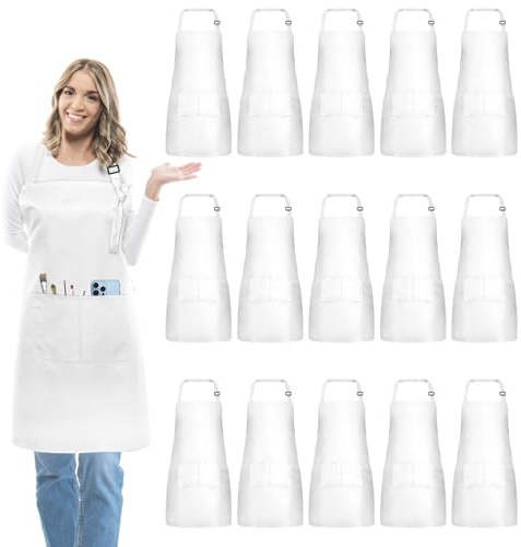 IMERAGO 15 Pcs Adult Aprons Bulk with Pockets Adjustable Bib Chef Apron for Women Men Painting Cooking Crafting (White, L)