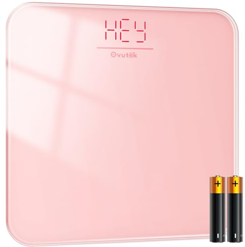 Ovutek Bathroom Scale for Body Weight, Highly Accurate Digital Weighing Machine for People, Upgraded Batteries Included, Compact Size, LED Display, High Standards Sturdy Tempered Glass, 400lb, Pink