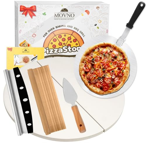 Set di pietre per pizza, pietra rotonda per pizza da 38 cm, per forno e grill, pietra da forno durevole e sicura, resistente agli shock termici, con paletta in legno per pizza e tagliapizza
