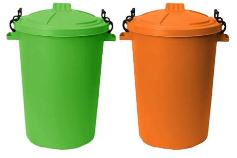 SET OF LIME GREEN + ORANGE Colour Heavy Duty Plastic Bin Storage Unit with Locking Lid Rubbish Waste Animal Feed Bin For Kitchen Garden Office - Made In UK