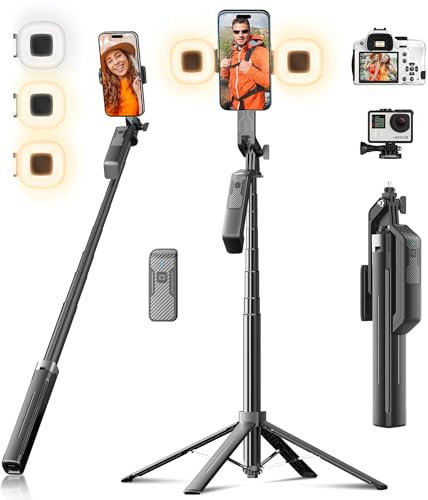 Funxee Selfie Stick Tripod - 71 Tall Cell Phone Holder with Detachable Wireless Remote and 2 LED Lights for Recording, Video and Picture, Phone Stand for iPhone, Android, Camera & GoPro