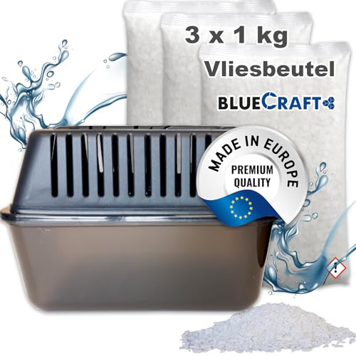 Bluecraft - Raumentfeuchter Box + 3x 1 kg Luft-Entfeuchter Granulat Nachfüllpack im Vliesbeutel Feuchtigkeitskiller ohne Strom (3x 1kg + Box)