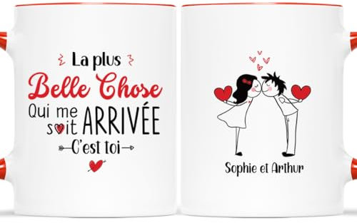 Cadeau Plus Mug Personnalisé Prénom - La plus Belle Chose Qui Me Soit Arrivée C'Est Toi - Cadeau Couple Personnalisé, Cadeau Mariage Personnalisé, Tasse Couple Personnalisable, Mug Amour