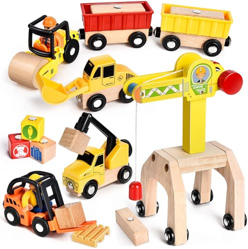 BuzzoXerex Baustellenfahrzeuge Holzspielzeug Kinder, Baustelle Kinder Set 19Pcs Baustelle Spielzeug mit Portalkran, Gabelstapler, Bagger, Straßenwalze, Kran für 3 4 5 6 Jahre Junge (Bauwagen Set)